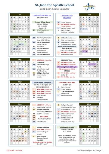 2022-2023 Parent School Calendar